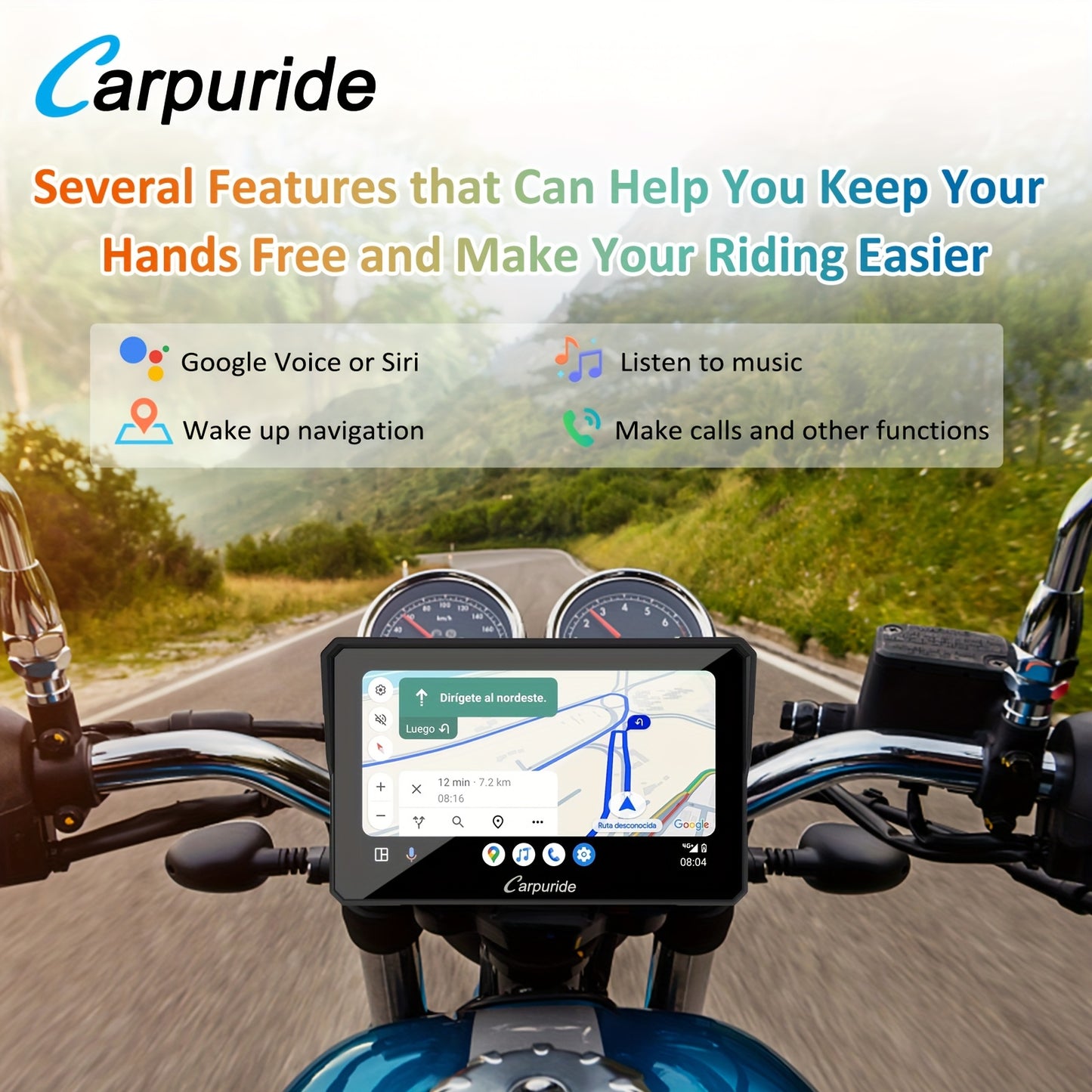 Carpuride W702 Wireless Carplay & Android Auto Screen for Motorcycle, 7 Inch IPS Touch Screen, Dual B-T, Built-in EQ, Car GPS, Voice Control, Siri, G00gle Assistant, IP67 Waterproofing, Navigation GPS, Easy to Install,