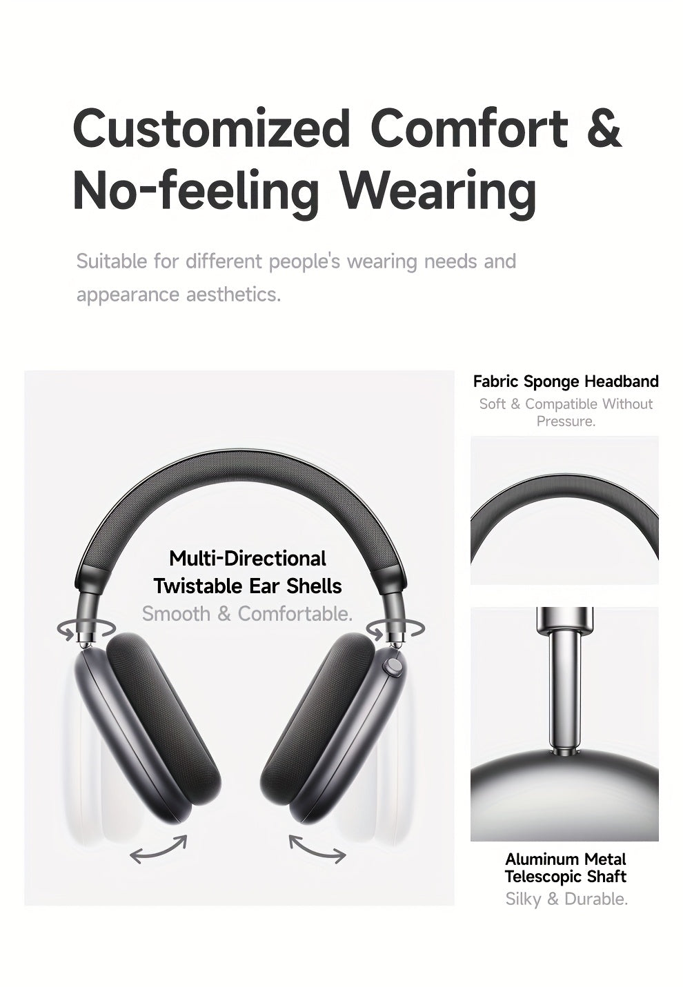 Picun F8Pro Wireless Over-Ear Headphones with 52dB Hybrid ANC, Hi Res Audio, 140H Playtime, Dual Device Pairing, 5 Mic ENC & Detachable Fabric Cushions All Day Comfort for Work & Travel, Picun