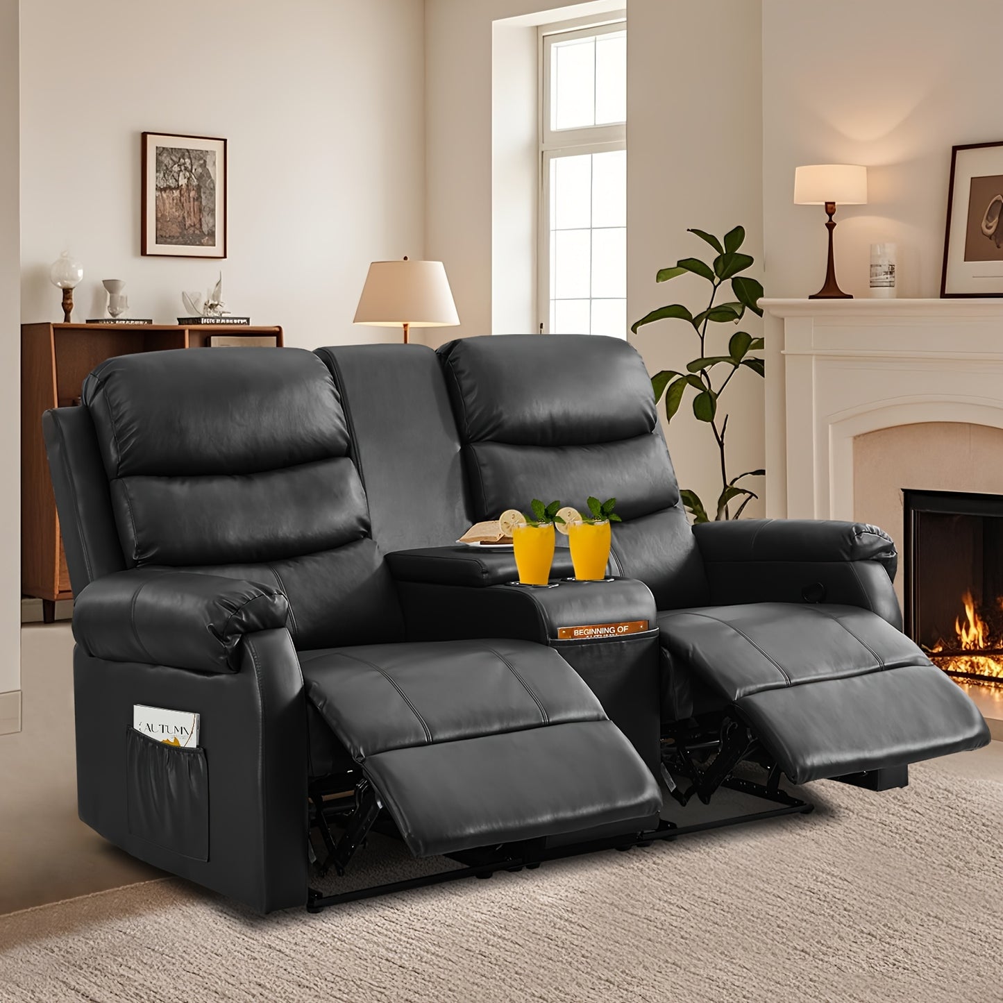Office Reclining Loveseat, Manual RV Recliner Sofa With Console & Cup Holders & Pockets, Faux Leather Upholstered