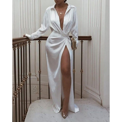 Women's Elegant Split Forked Long Dress with Lace-Up Long Sleeves - -Length Formal Wedding Guest Gown, Year-Round Party Dress, Machine Washable & Dry Cleanable, All-Season Wear (No Sheer Panels)