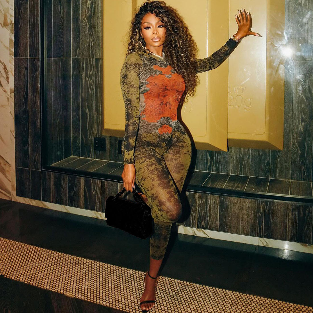 LUCKFOX Sexy Street Trend Digital Printing Long Sleeve Jumpsuit Women | Deep V Neck, Perfect for Spring/Summer/Fall