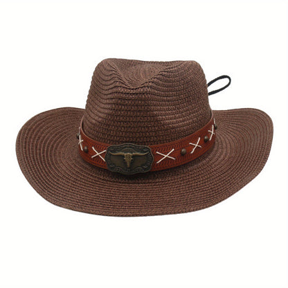 Men Women Straw Cowgirl Hat Wide Brim Stylish Bull Head Leather Belt Design Western Cap for Beach Daily Life Party