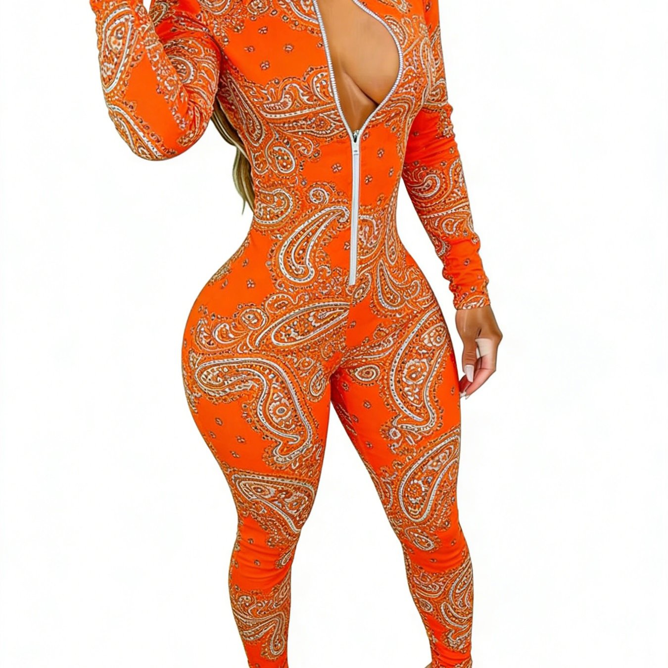 Women'S Long Sleeve Jumpsuit | Stylish Paisley Print, Slim Fit, Perfect for Parties, Dates & Daily Outings, Available in Sizes 2XS to 2XL