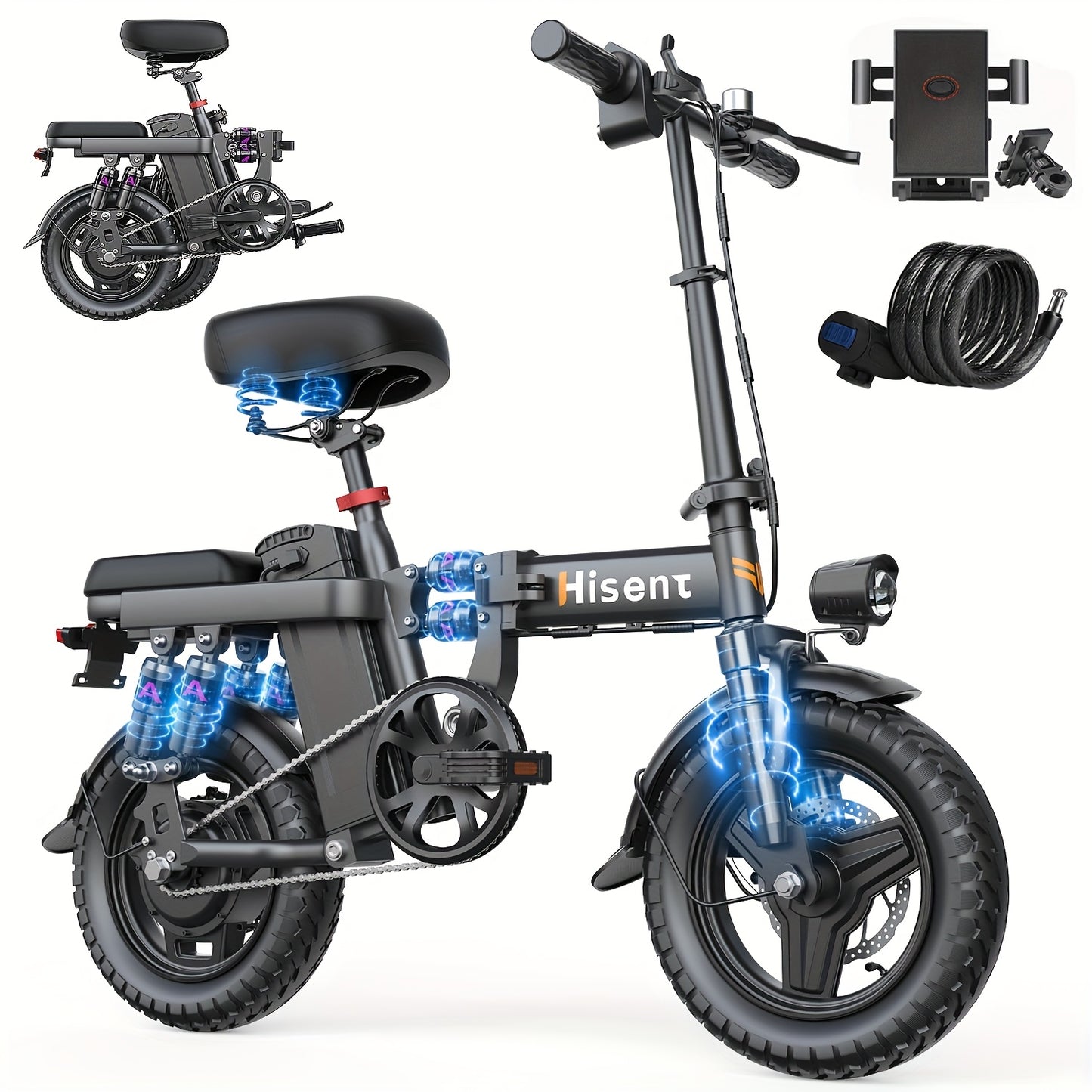 Hisent 740W Folding Electric Bike Is Suitable for Both Adults And Teenagers.14" Tires, 740W Brushless Motor, 48V 6A/10A/15A/17.5A Lithium Battery, Range Of 8-35 Miles, Multiple Shock Absorbers, Alloy Steel Frame, LCD Display
