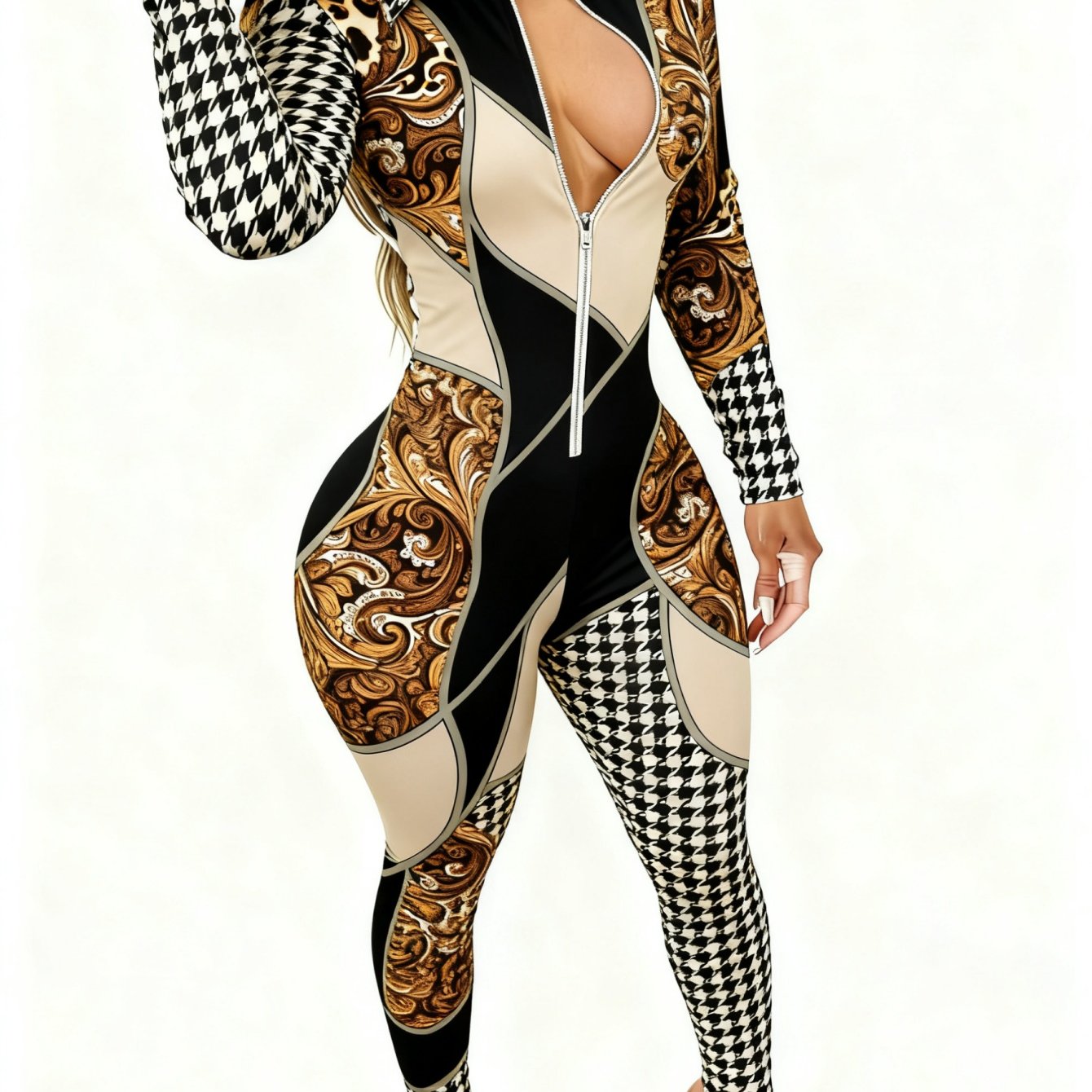 Plus Size - Women'S Sexy Printed Bodycon Jumpsuit | V-Neck Zipper, Slim-Fit Fashion, Versatile for Party, Club & Date Night, All-Season, Casual Style