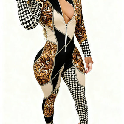 Plus Size - Women'S Sexy Printed Bodycon Jumpsuit | V-Neck Zipper, Slim-Fit Fashion, Versatile for Party, Club & Date Night, All-Season, Casual Style