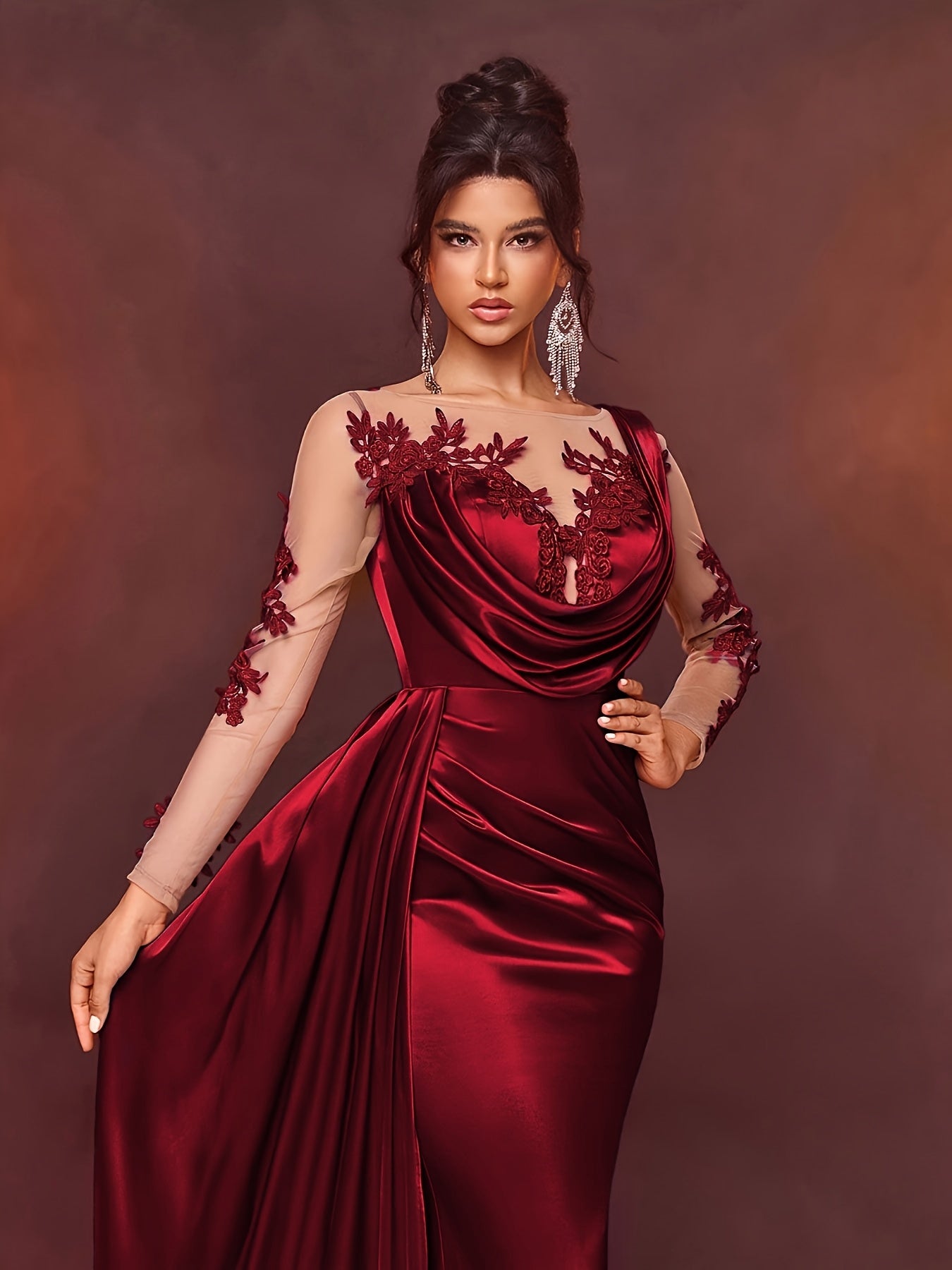 Elegant Long Ladies' Gown with Lace Detail | Solid Color, Contrast Mesh, Long Sleeve, Gown Hem, Ideal for Christmas, Birthday, Graduation, Travel