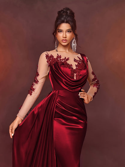 Elegant Long Ladies' Gown with Lace Detail | Solid Color, Contrast Mesh, Long Sleeve, Gown Hem, Ideal for Christmas, Birthday, Graduation, Travel