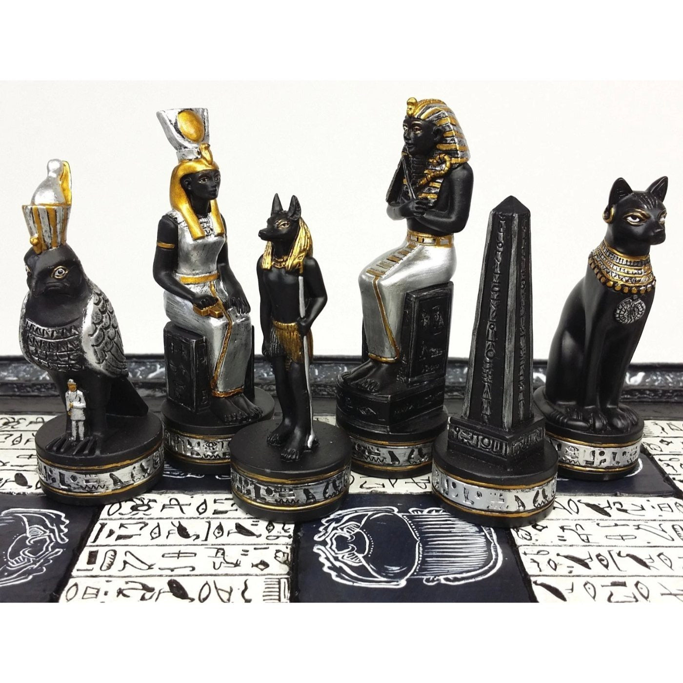 Egyptian Anubis Black Silver and Gold Chess Set w/ 16" Hieroglyphics Board – Top Trending Chess Set, Best Seller, Limited Stock, Fast Shipping, Popular Choice, Must-Have, Top Rated, Customer Favorite, Top Hot Seller, Perfec