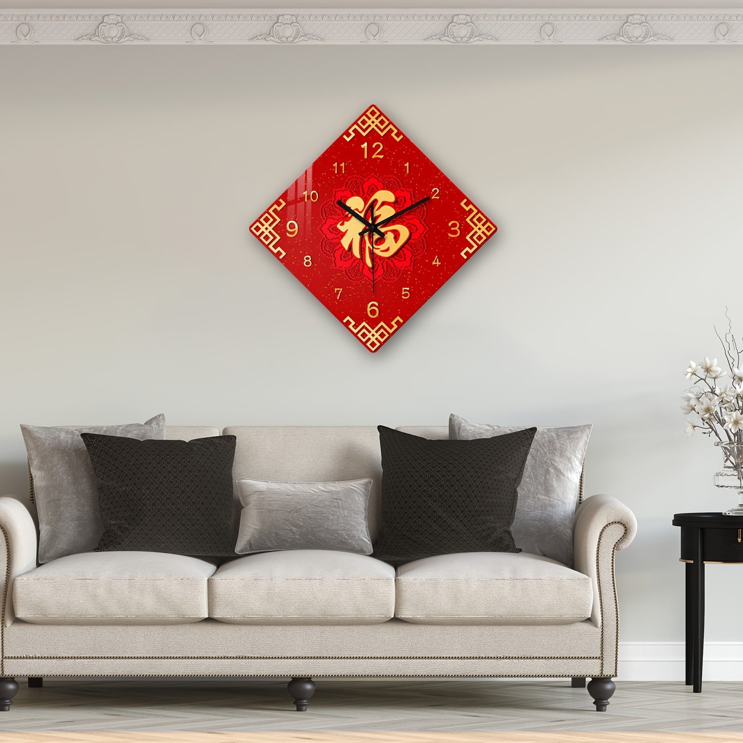 1pc Constantplanet 16-inch Chinese Fu Character Tempered Glass Wall Clock, Silent Quartz Movement, Battery Powered (AA Not Included), Round Religious Theme Decor for Living Room, Bedroom, Dining Area