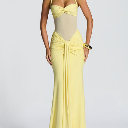 Women's Elegant Ruched Halter Neck Maxi Dress, Slim Fit Summer Party Dress