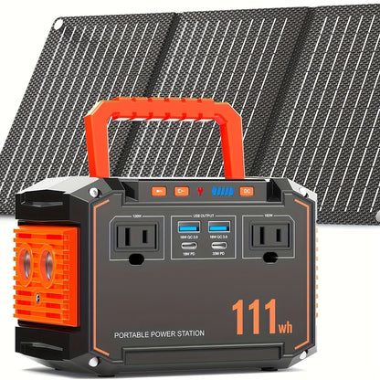 150W/300W Portable Camping Power Station 88.8Wh/111Wh/240Wh With 30/60W Solar Panel Or 88.8Wh/240Wh.with 2*AC/USB-C PD/USB QC3.0/DC Output, LED Emergency Power Light For Outdoor Camping, RV Traveling, Emergencies For Christma