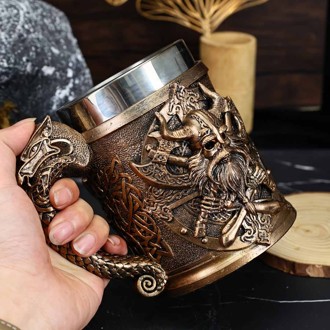 A Viking relief mug, a medieval European Viking beer mug made of stainless steel, with a large capacity of 20.3oz, a powerful Viking warrior coffee cup, a bar specialty cup, and a gift giving for daily life