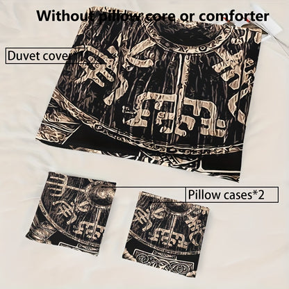 Norse Rune Theme Duvet Cover Set, Soft High-Definition Digital Print, Black And Brown, All-Season, Perfect Gift, Soft Breathable 100% Polyester, Machine Washable, Includes 1 Duvet Cover And 2 Pillowcases, Ideal For Family And