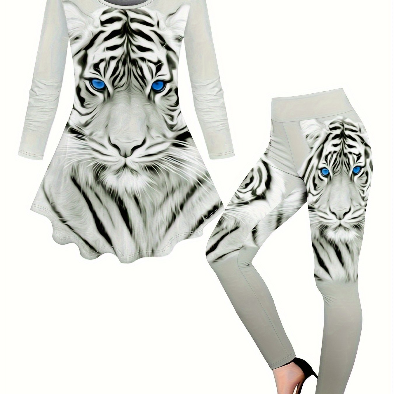 Women'S Tiger Pattern Printed Waist Dress Pants Set Round Neck Long Sleeve Waist Dress And High Waist Pants Base Long Pants Set 2pcs Set