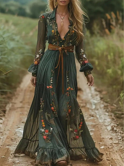 [Bohemian Style]Elegant Women's Round Neck Dress- Long Sleeve with Faux Drawstring Waist, High-Low Hem, Suitable for Spring, Summer, and Autumn, Casual and Elegant| High Waist Dress| Polyester fabric- belt not included, Autum