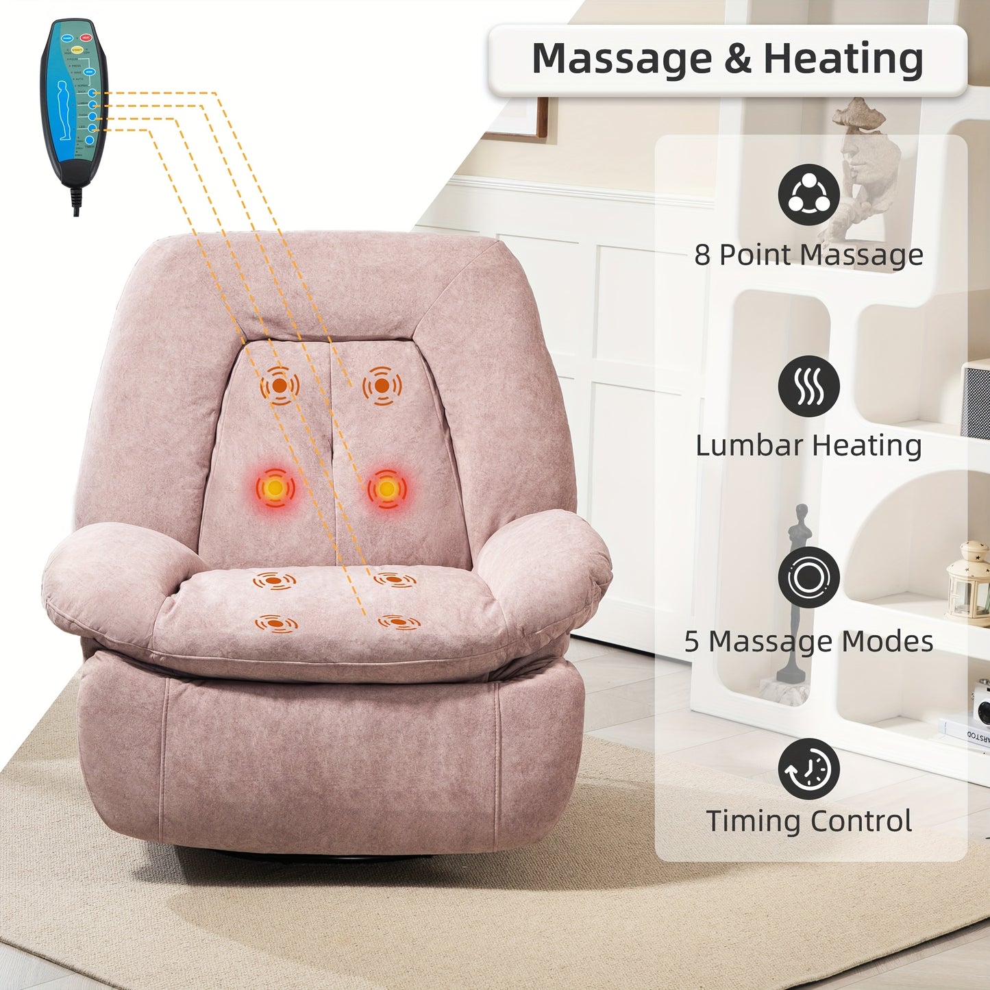 Electric Massage Recliner Chair with Heat - 360° Swivel & Rocking Recliner w/ USB Charging & Storage Pocket(for Christmas Gift)
