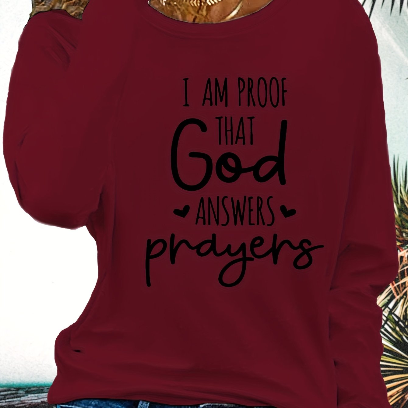 Women's Faith T-Shirt - "I Am Proof God Answers Prayers" Verse Print, Blue Long Sleeve Crew Neck Casual Top, 180gsm Heavyweight Religious Apparel for Church, Casual Attire & Prayer Outfits