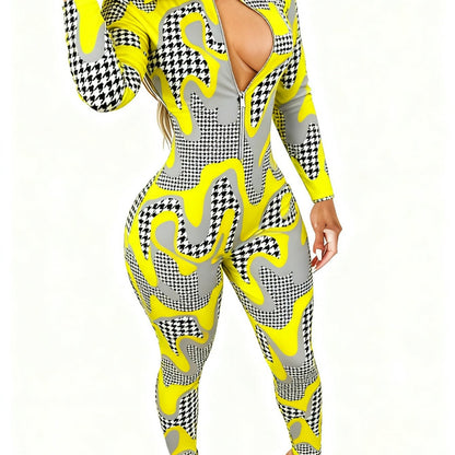 Women's Lightweight Full-Body Animal Print Jumpsuit - Zipper Front Long Sleeve Suit, Tight-Bodied One-Piece for All-Season Casual Wear, Machine Washable y Outfit ( Collar)