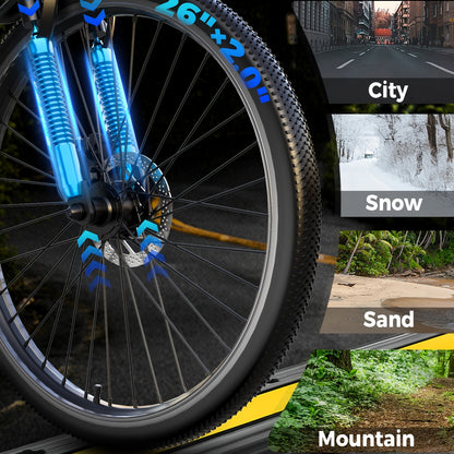 G26 749W/500-750W Peak Motor Electric Bike for Adults - 55-Mile Range 25 MPH Heavy-Duty E-Bike, 26" All-Terrain Tire-like Carbon Wheel, 480Wh Removable Battery, 7-Speed & Front Suspension, White/Black ( Plug) - Ebike for Comm