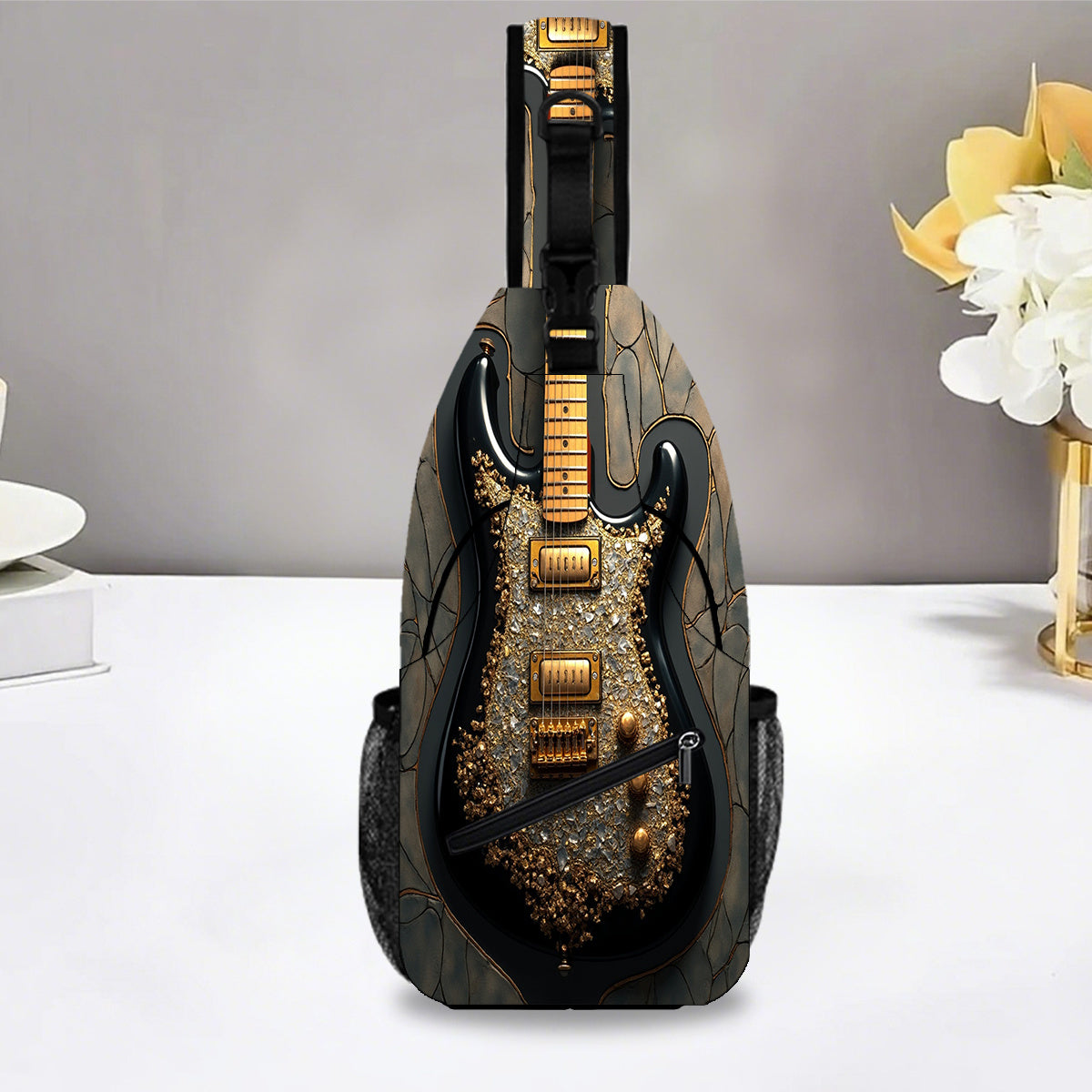 1pc Electric Guitar Crossbody Chest Bag - Adjustable Strap, Large Capacity Zipper Closure, Vibrant Geometric Print, Portable Phone & Travel Backpack for Outdoor Adventures - Unique Gift for Halloween, Father'S Day, Christmas,