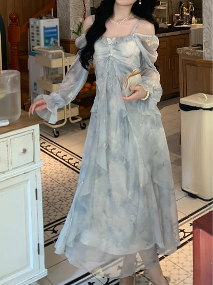 A Stylish Off-Shoulder Long Sleeve Dress for Women Featuring a Lavender Floral Pattern, Ruffle Collar, And A-Line Silhouette. Suitable for Both Formal And Casual Occasions, This Machine Washable Dress Is Perfect for Spring An