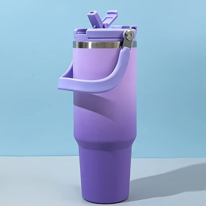 1pc 30oz Stainless Vacuum Thermos Water Bottle with Double Straws & Carry Handle - Gradient Color (Turquoise/Mint/Pastel Pink/Purple/Navy) Leakproof Large Capacity Thermos Flask for Travel, Gym,,, -, Tumbler Water Bottle, Tum