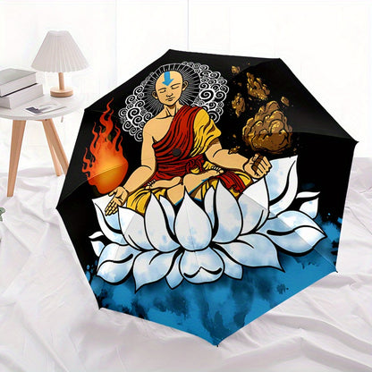 Avatar 4-Themed Automatic Folding Umbrella - 8-Rib Durable Windproof Design, Black with White & Golden Artwork, Portable Travel Umbrella for Commuting, Beach, or Holiday Gifts, Commuting Accessory, Stylish Accessory, Sturdy H