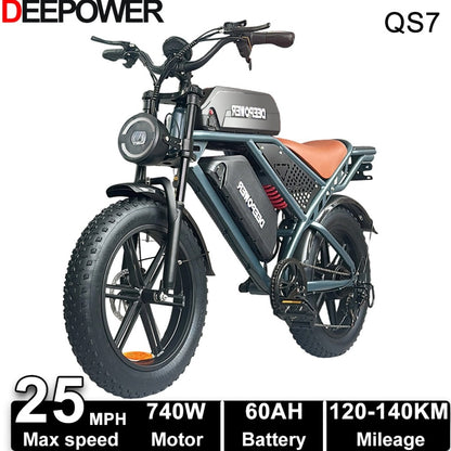 Deepower Electric Bike QS7 740W 48V 20AH/35AH/60AH 20 Inch Fat Tire Adult Electric Bike 80 Miles Range Mountain Cross Country Dual Battery Electric Bike