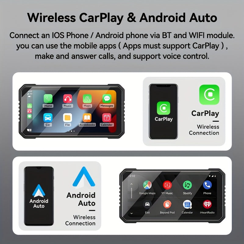 VENBES 6.25-Inch Motorcycle Navigation System with Wireless CarPlay & Android Auto, IP67 Waterproof, Wireless Compatible, for Mount Computer Compatible for /MAPs/Navigations