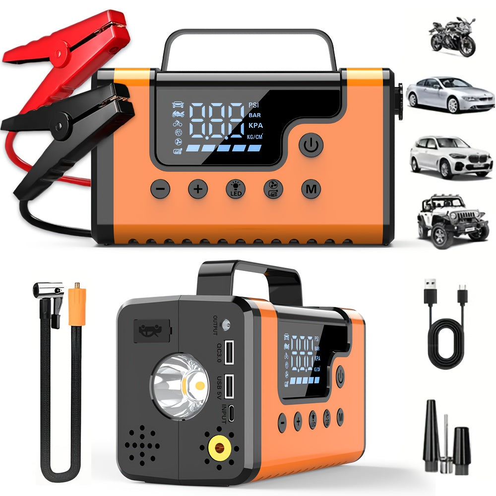 8-in-1 3000A Portable  Jump Starter with Air Compressor & Vacuum Cleaner - 12V 150Psi Tire Inflator, 5000PA  Vacuum, 37000mWh Rechargeable Battery, Digital Display, USB Charging, 2.64gal Gas/1.85gal Diesel Compatible,Insulate