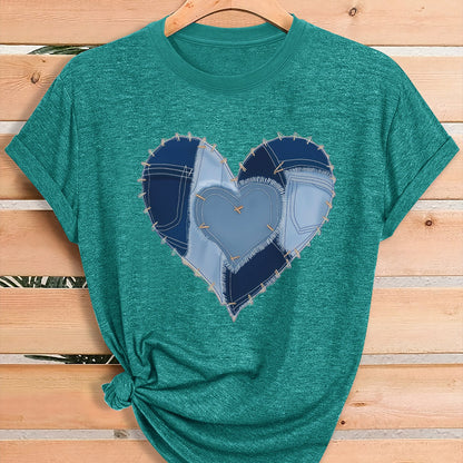 Women'S Fashion Graphic Tee, Theme Party Outfit, Local Warehouse Item, T Shirt For Women, Women Clothing Style, Heart Print Casual Top, Comfortable Blend Fabric, Breathable, All-season, Crew Neck, Short Sleeve, Machine Washab