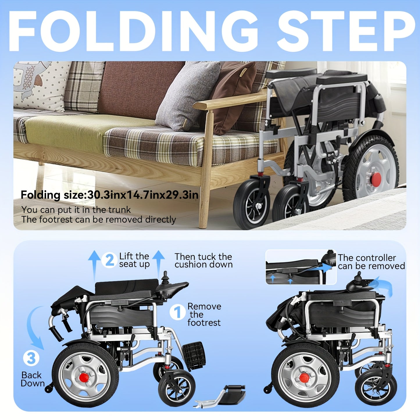 Foldable Electric Wheelchair Ldeal For Elderly, Made For AdultMobility Difficulties, 24V Lead - Acid Battery, Electromagnetic Brake System For Smooth Slope Stopping, 12 - Inch Solid Tires For All Terrains, 15km Range For Regu