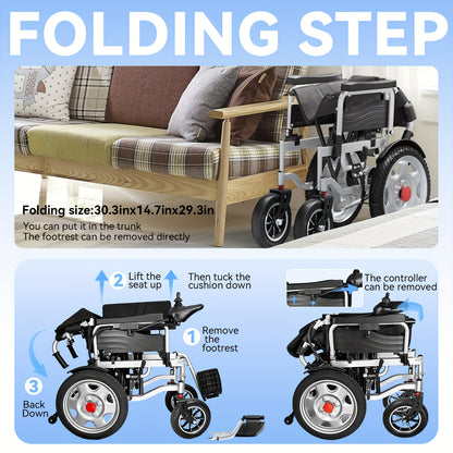 Foldable Electric Wheelchair Ldeal For Elderly, Made For AdultMobility Difficulties, 24V Lead - Acid Battery, Electromagnetic Brake System For Smooth Slope Stopping, 12 - Inch Solid Tires For All Terrains, 15km Range For Regu