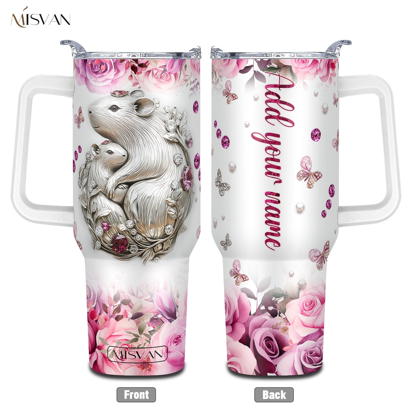 1pc Customized Name Stainless Steel Tumbler | 20oz/22oz/40oz Insulated Water with Lid, Reusable, Round Shape, 304 Stainless Steel, Ideal for Easter, Thanksgiving, Father'S Day, Mother'S Day, Graduation, White Diamond Butterfl