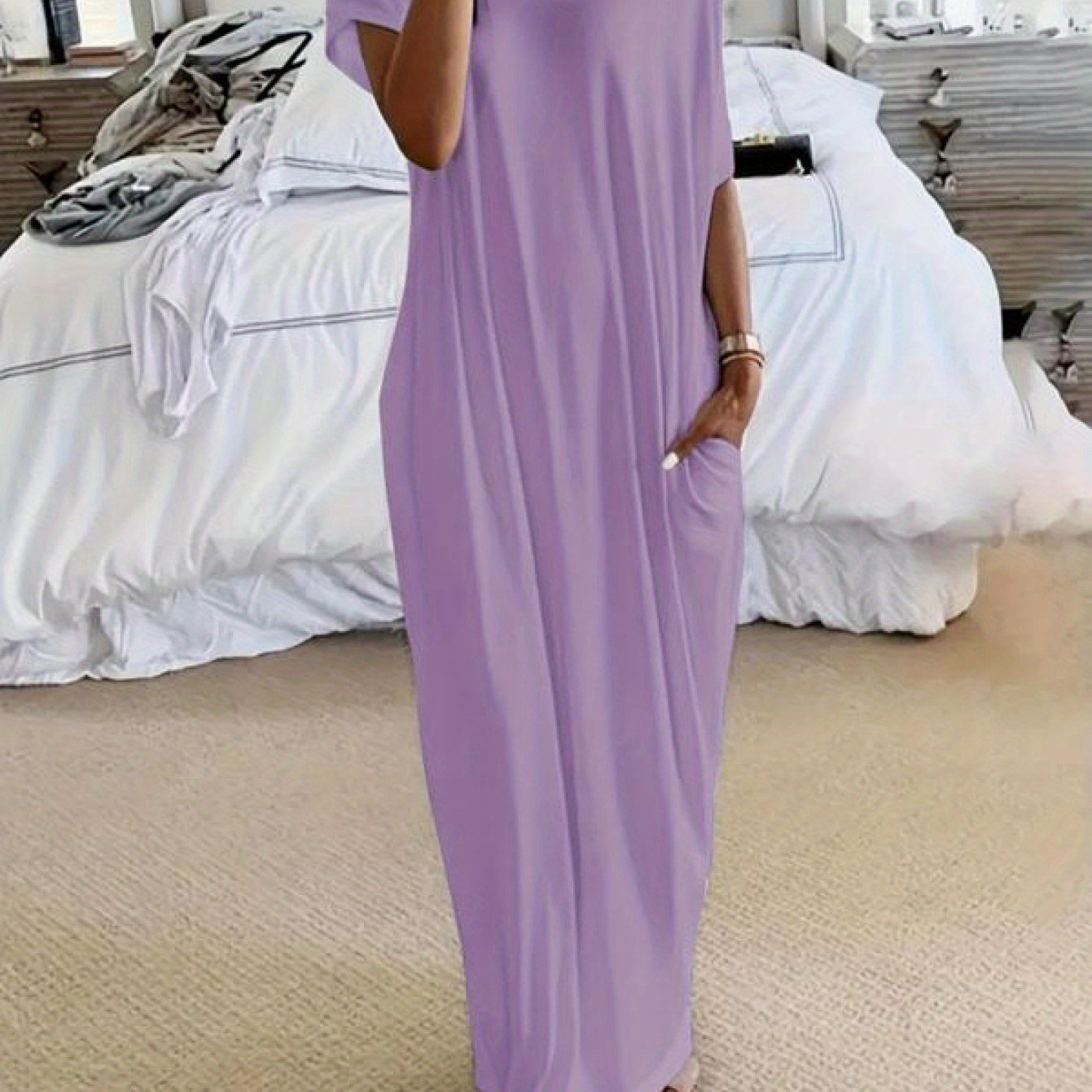 Women's Solid Color Batwing Sleeve Lounge Dress, Casual Comfy Short Sleeve Nightdress for Daily Wear, Loungewear, Ladies Sleepwear for All Seasons
