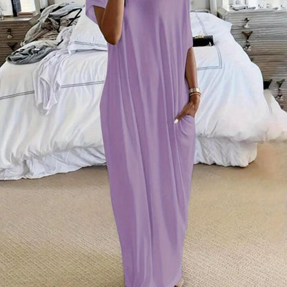 Women's Solid Color Batwing Sleeve Lounge Dress, Casual Comfy Short Sleeve Nightdress for Daily Wear, Loungewear, Ladies Sleepwear for All Seasons
