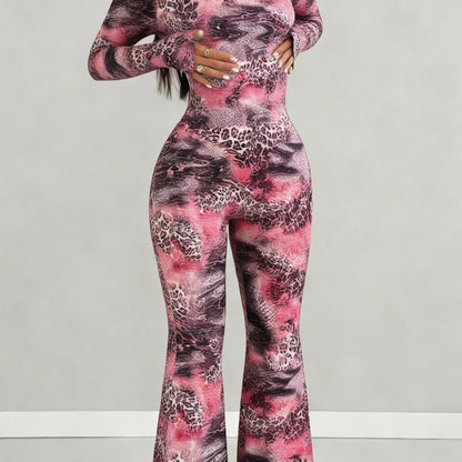 Women'S Jumpsuit Set | Casual Fashionable Sexy, Loose U-Neck Cut, Slim Fit, Pink Black Leopard Print, Long Sleeve Flared Leg, Versatile Use, Suitable for Multiple Occasions & Seasons, Ideal for Outdoor