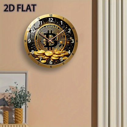 12-Inch Bitcoin Cryptocurrency Glass Wall Clock - Silent Quartz Movement with Golden ₿ Symbol & Circuit Board Design, Modern Minimalist Crypto Decor for Home Office, Bitcoin Price Display, Durable Glass Face (AA Battery Not