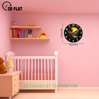 12inch Silent Wall Clock, Palm Tree, Sunset, Mountain, River. 2D FLAT Pattern Wood Non-Ticking Nursery Wall Clock, Quiet Clock for Bedroom Homes Office, Cool Stuff for Room Decor, Thanksgiving Day Christmas Holiday Decor, Bed