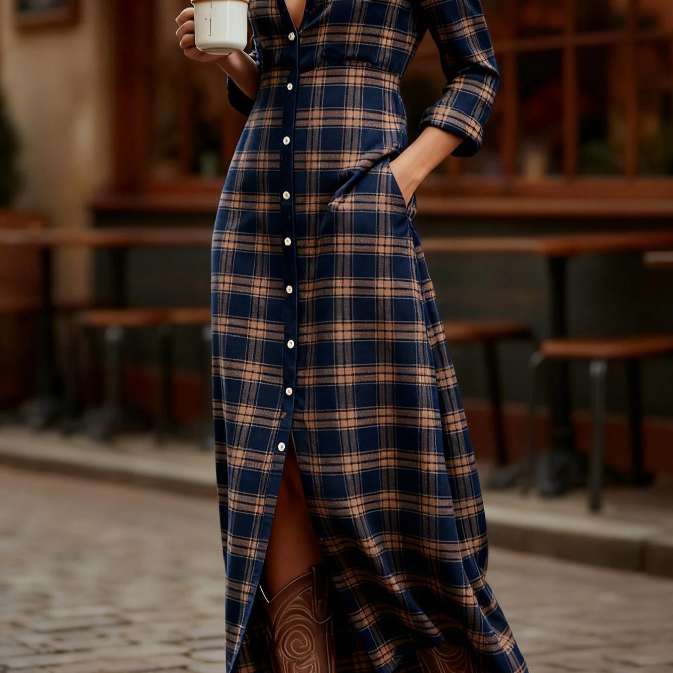 HERTALKA Fashionable Women's Dress with a Retro Checkered Long-sleeved Style