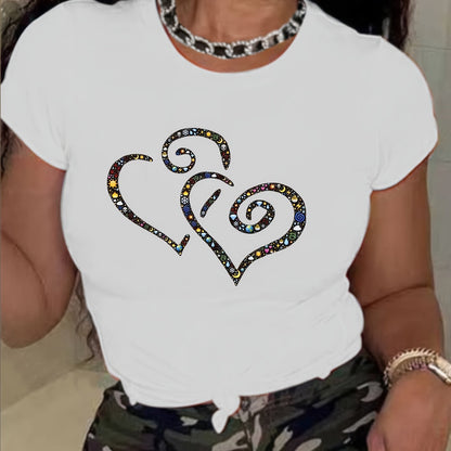 Women's Casual Short Sleeve T-Shirt with Rhinestone-Embellished Heart Print - Round Neck Relaxed Fit, Medium Stretch Fabric, Machine Washable, All-Season Versatile Top for Casual Attire & Vacations (S-XXL, Multi-Color Options