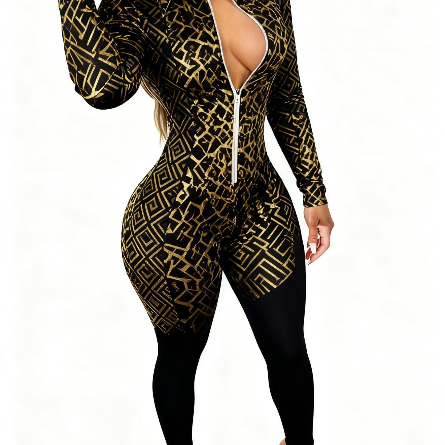 Plus Size, Women's Bohemian Elegant Slim-Fit Jumpsuit, Front Zipper + 2D Printed Design, Versatile for Daily Outings/ / Office/ Home, Christmas Festival Casual Outfits
