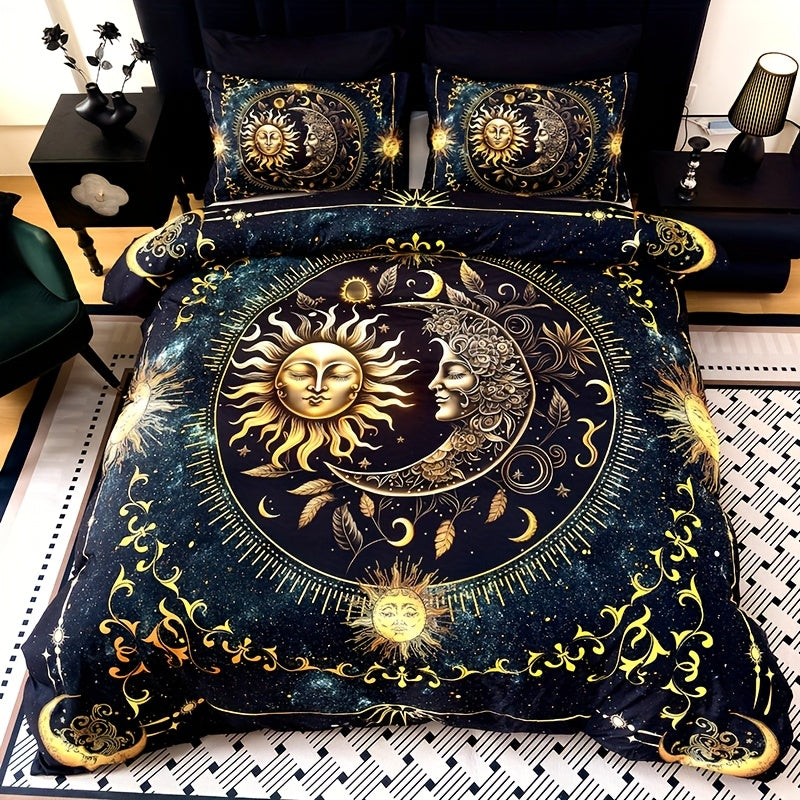3pcs Duvet Cover Set, Polyester 90g Woven, Digital Printed Golden Sun Moon Planet Pattern, Machine Washable, All-season for Home Dormitory, 1 Duvet Cover + 2 Pillowcases (No Insert)