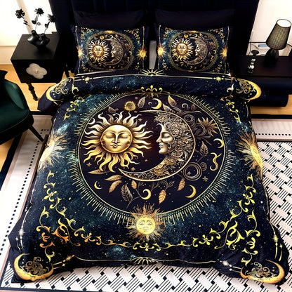 3pcs Duvet Cover Set, Polyester 90g Woven, Digital Printed Golden Sun Moon Planet Pattern, Machine Washable, All-season for Home Dormitory, 1 Duvet Cover + 2 Pillowcases (No Insert)