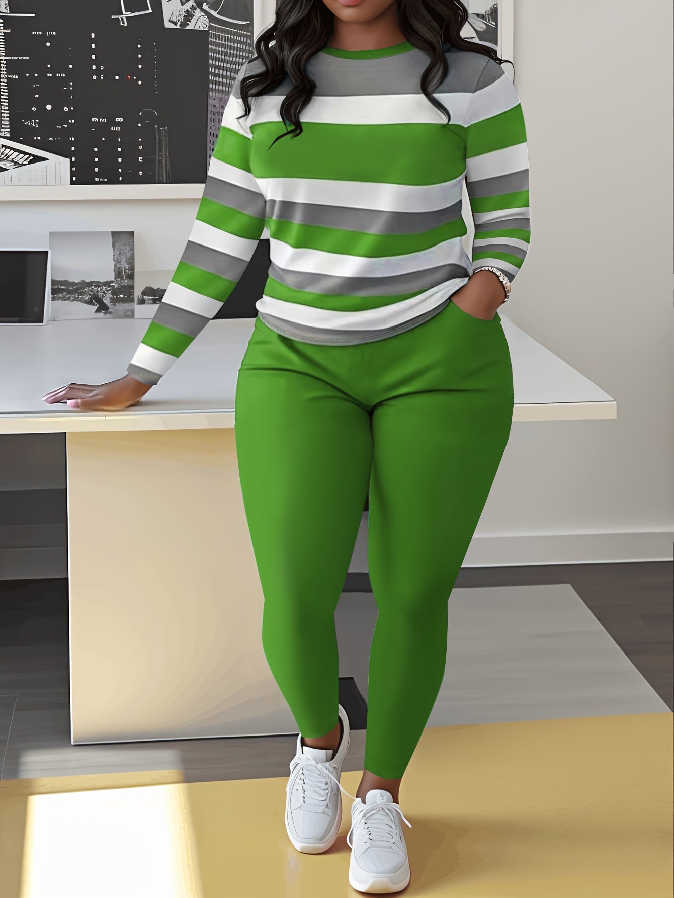 Unique Women's Striped Casual Set- Green And White, Long Sleeve Round Neck Top And Pants with Pockets, Weight Polyester Blend, Machine Washable, Comfortable Clothing| Pants| Polyester Blend