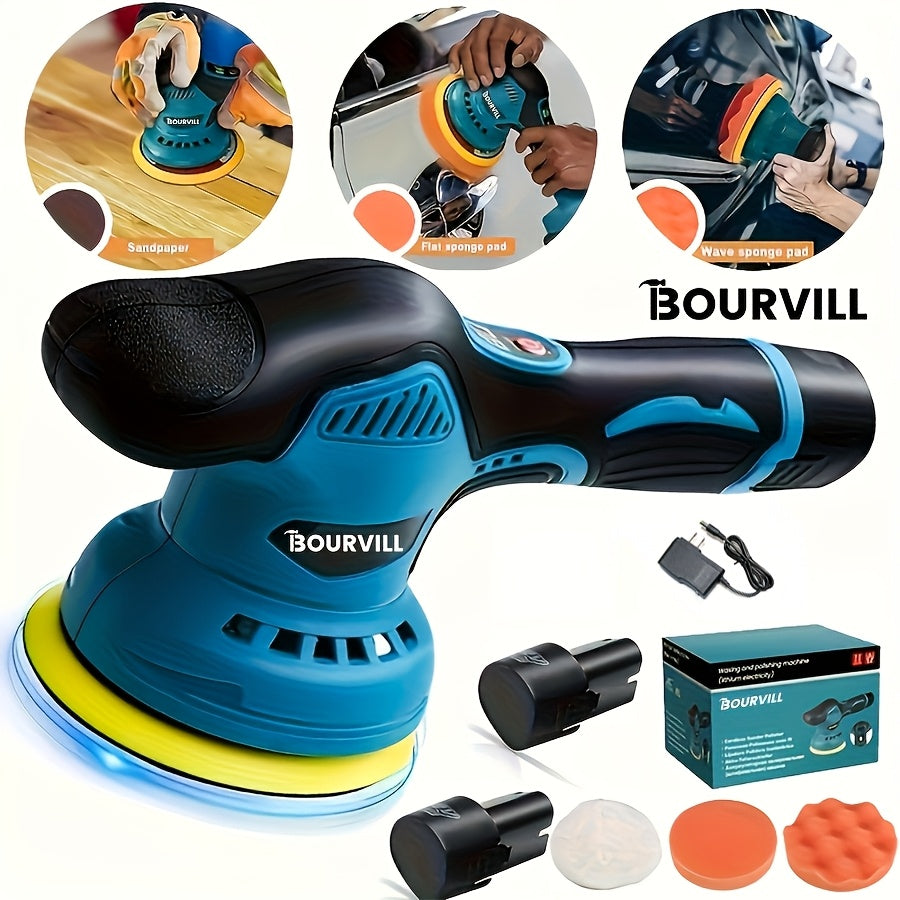 BOURVILL Cordless Car Polisher, Car Polishing Kit, with Battery, 8 Gears, Up to 5000 RPM, 5-inch Grinding Screen Button, for Car Detailing/scratch Removal