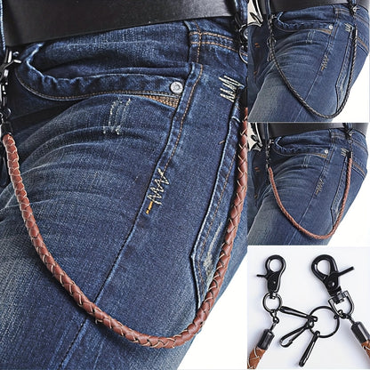 Retro Punk Jeans Waist Chain Braided Faux Leather Key Chain with Lobster Buckle Key Ring for Men, Funky Motorcycle Riding Accessories, Perfect for Halloween, Christmas, Easter Gifts