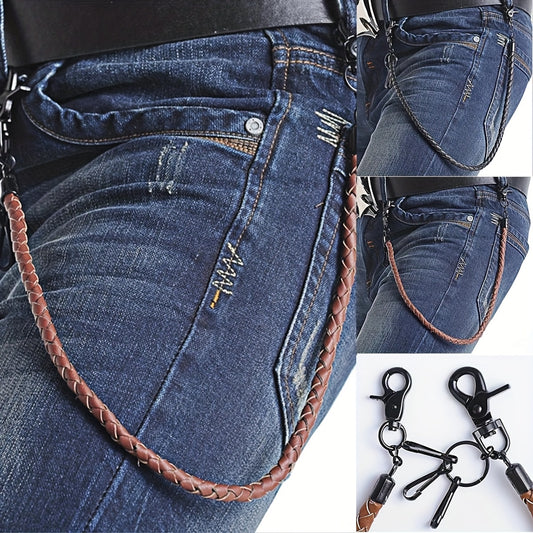 Retro Punk Jeans Waist Chain Braided Faux Leather Key Chain with Lobster Buckle Key Ring for Men, Funky Motorcycle Riding Accessories, Perfect for Halloween, Christmas, Easter Gifts