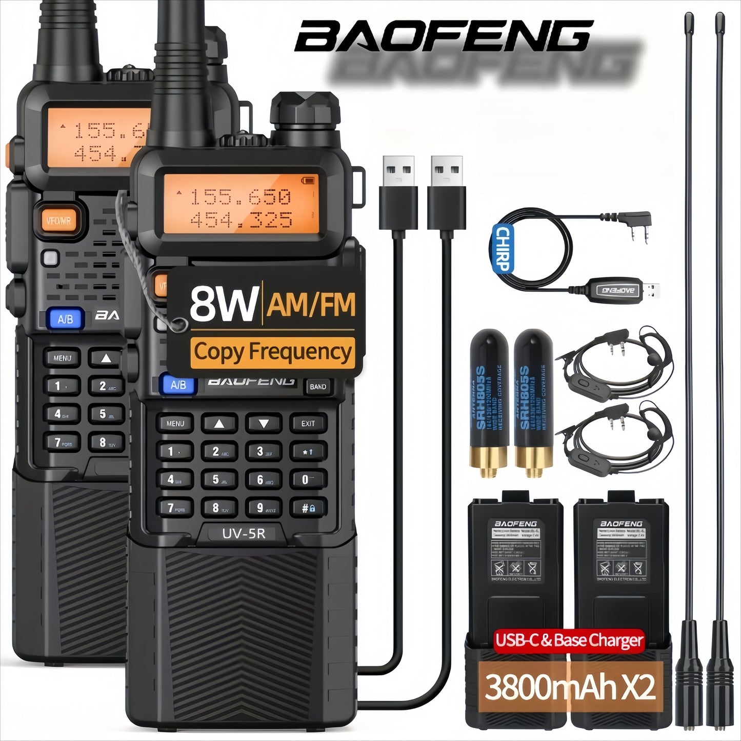 Baofeng 8W High Power Amateur Radio Full Set - Dual Band VHF/UHF Walkie Talkie with 3800mAh, AR-771 High Gain Antenna & Headphone System, Long Range Two-Way Radio for Ham Operators,, Emergency, ()